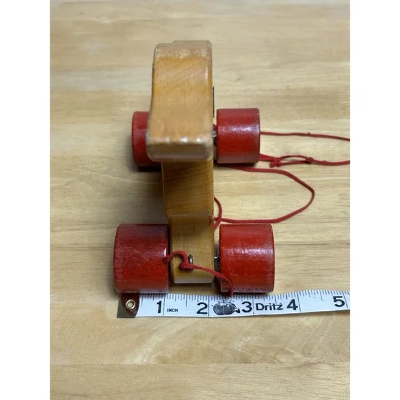 Vintage Steiff Wooden Dog Dachshund on Red Wheels with ID And Pull String